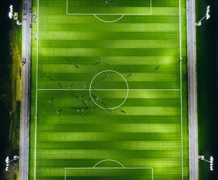 bird's-eye view photography of green soccer field with lights